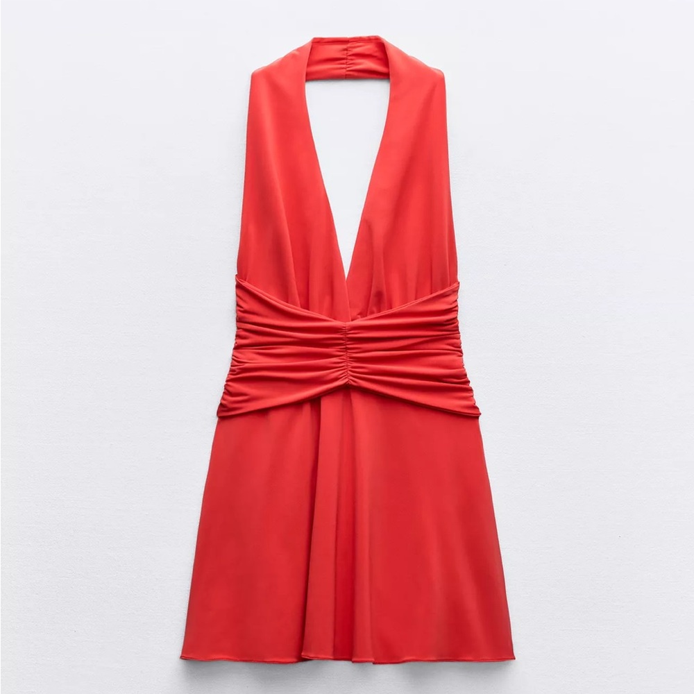 Zara red draped halter neck mini dress with ruched detail